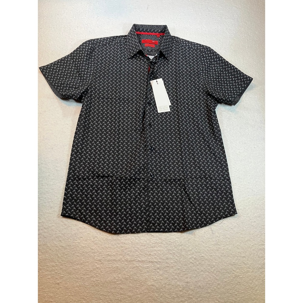 American Breed Mens Short Slve Button‎ Dn Shirt Black White Geometric Print NWT